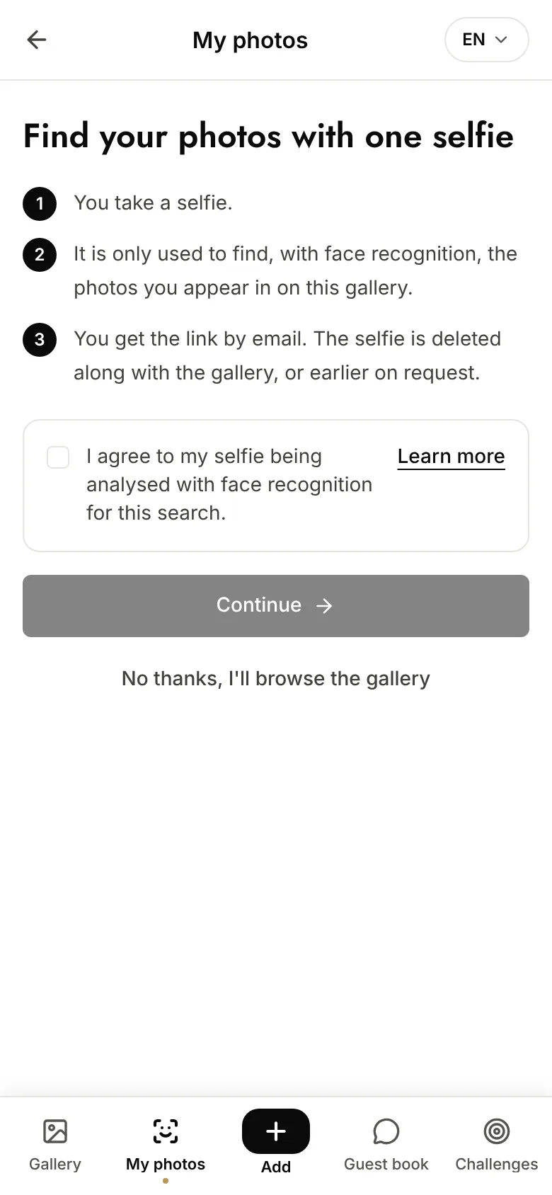 Evokly « Find your photos with one selfie » screen on mobile: the three steps explained, checkbox « I agree to my selfie being analysed with face recognition for this search », Continue button and « No thanks, I'll browse the gallery » link