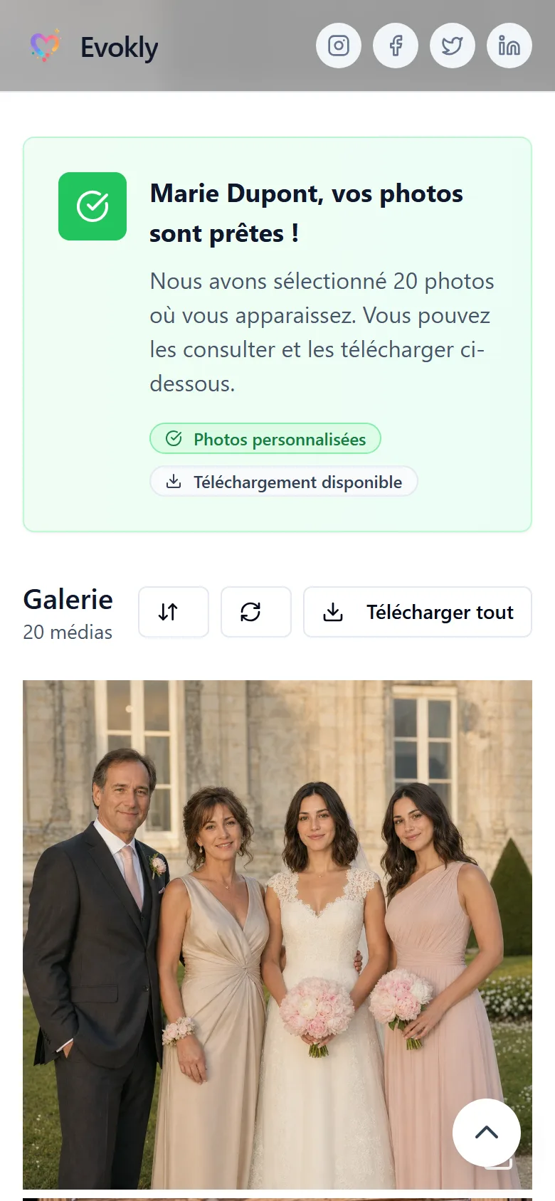 Onglet Mes photos après le selfie : bandeau « Marie Dupont, vos photos sont prêtes », 20 photos où l'invitée apparaît, téléchargement disponible