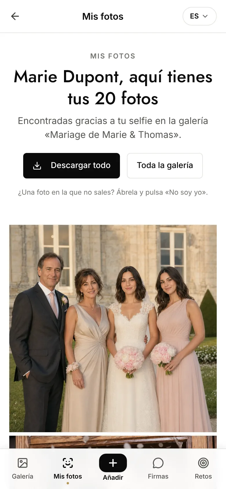 Página Mis fotos tras el selfie: «Marie Dupont, aquí tienes tus 20 fotos», botones Descargar todo y Toda la galería, y debajo las fotos en las que aparece la invitada