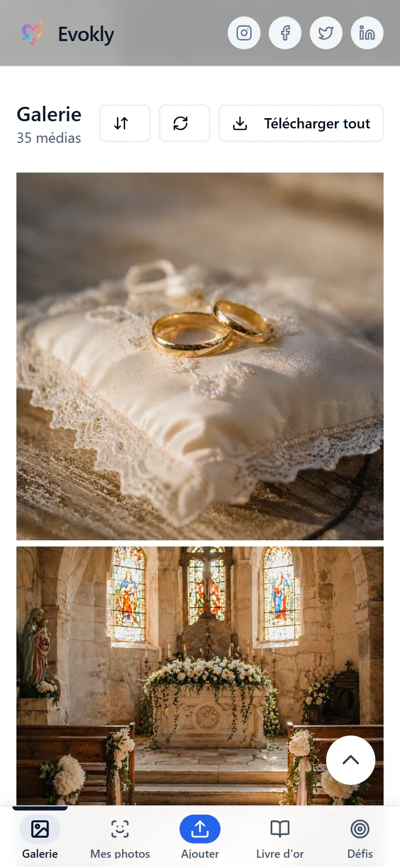 Galerie de mariage sur mobile avec 35 médias, boutons de tri et d'actualisation, bouton Télécharger tout et photos affichées en pleine largeur