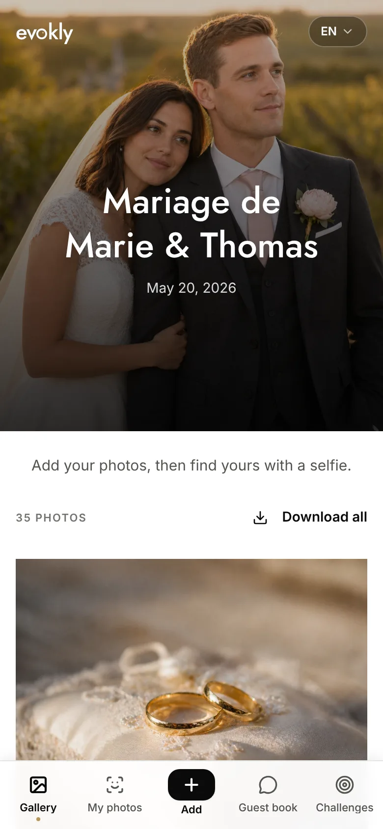 Marie and Thomas's wedding gallery opened on a phone after scanning the QR code: cover photo, date, 35 photos counter, Download all button and Gallery, My photos, Add, Guest book and Challenges tabs