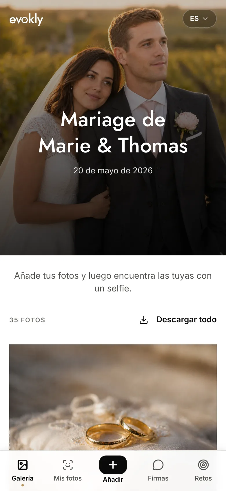 Galería de la boda de Marie y Thomas abierta en un teléfono después de escanear el código QR: foto de portada, fecha del 20 de mayo de 2026, contador de 35 fotos, botón Descargar todo y pestañas Galería, Mis fotos, Añadir, Firmas y Retos