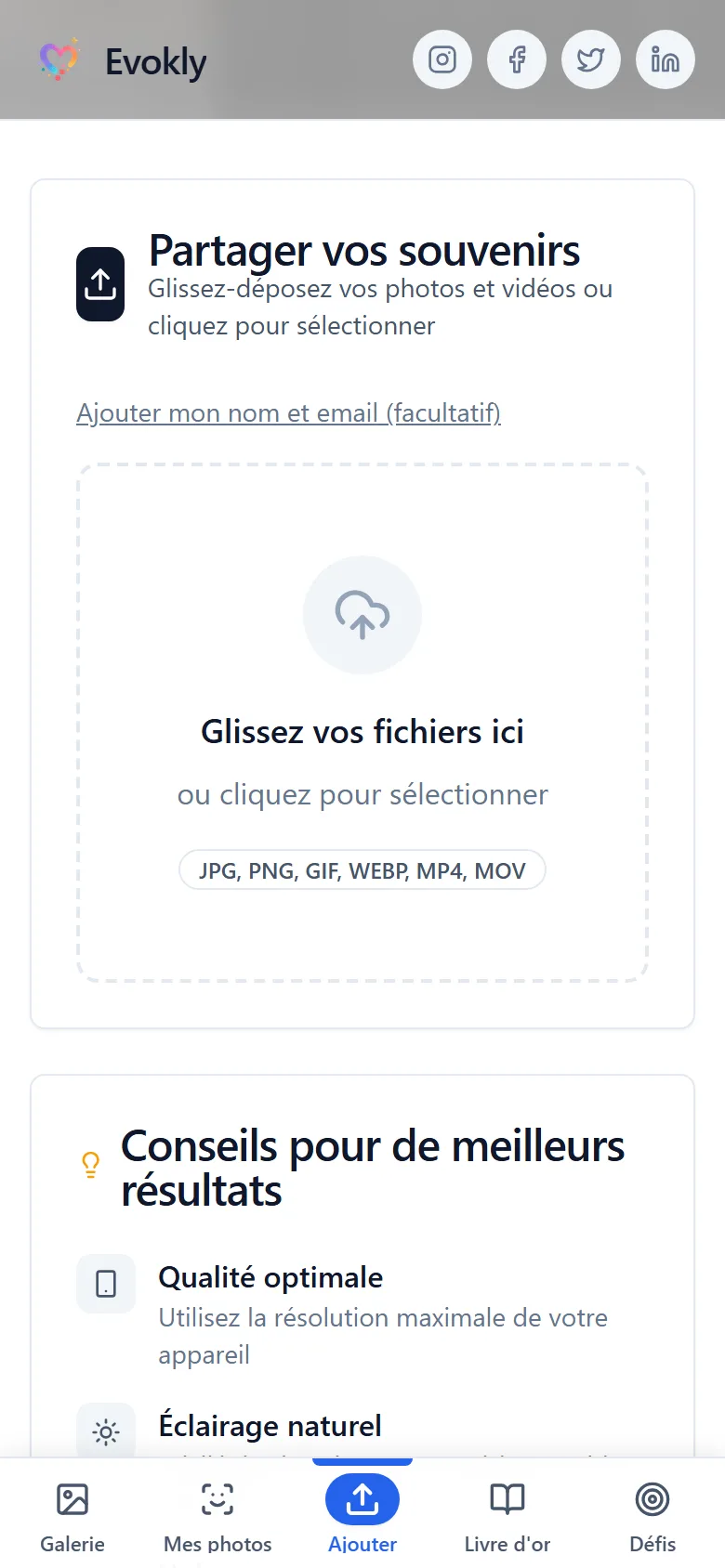 Onglet Ajouter d'une galerie Evokly sur mobile : zone de dépôt des fichiers, formats acceptés JPG, PNG, GIF, WEBP, MP4 et MOV, champ nom et email facultatif
