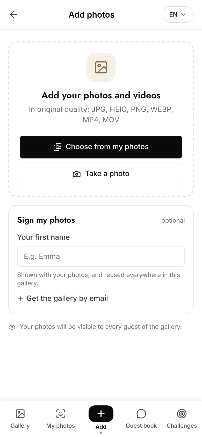 Add tab of an Evokly gallery on mobile: « Add your photos and videos » in original quality (JPG, HEIC, PNG, WEBP, MP4, MOV), Choose from my photos and Take a photo buttons, optional first name to sign your photos