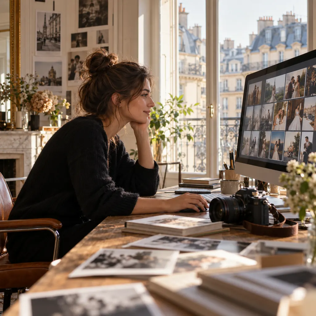 Una fotógrafa revisa una galería de clientes en un estudio de París