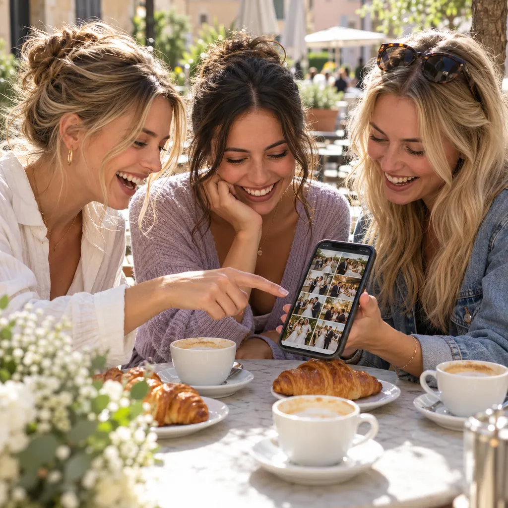 Trois témoins regardent les photos du mariage sur un téléphone au petit-déjeuner