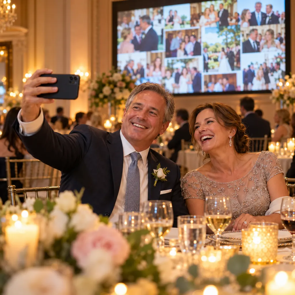 Un invitado se hace un selfie en la mesa mientras una pantalla muestra las fotos de los invitados