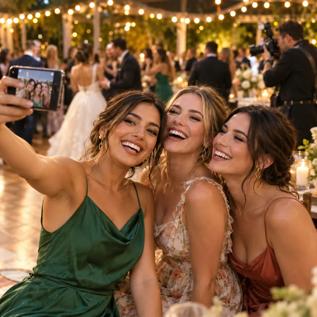 Des invitées prennent un selfie pendant qu'un photographe couvre la réception