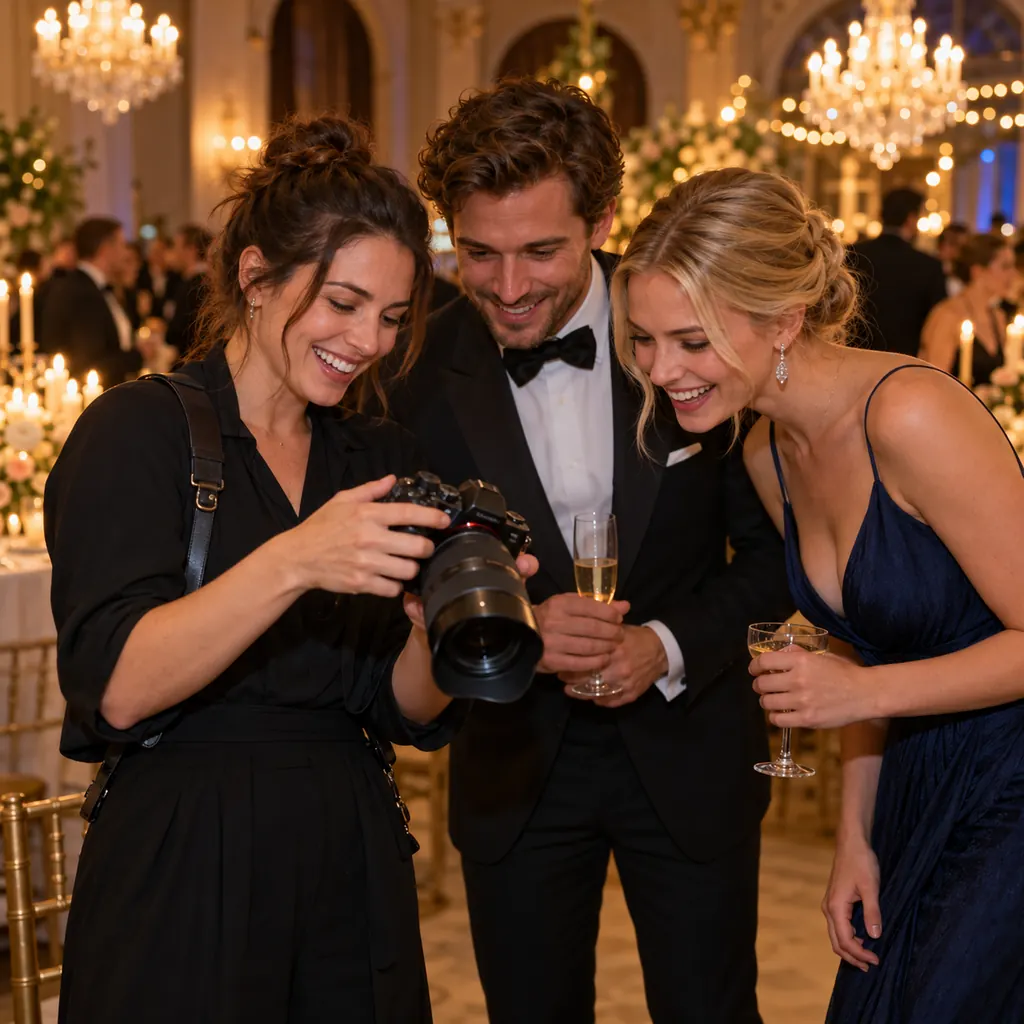 Une photographe d'événement montre les photos de son appareil à des invités lors d'un gala
