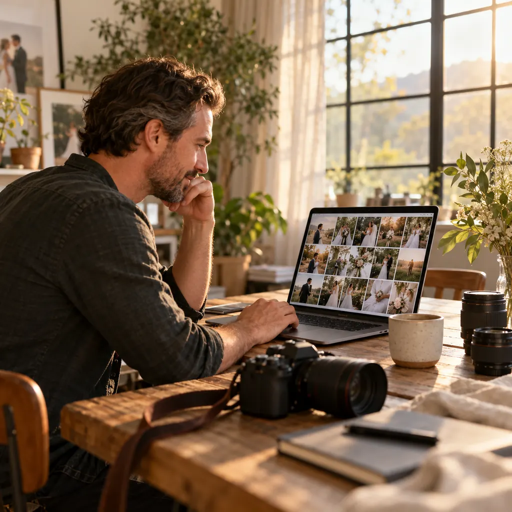 Un photographe de mariage revoit une galerie sur son ordinateur dans un studio lumineux