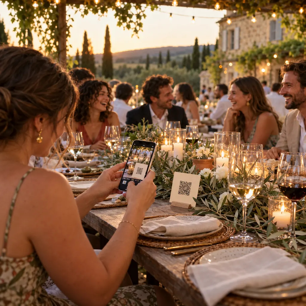 Une invitée scanne le QR code posé sur la table d'un dîner de mariage à la campagne