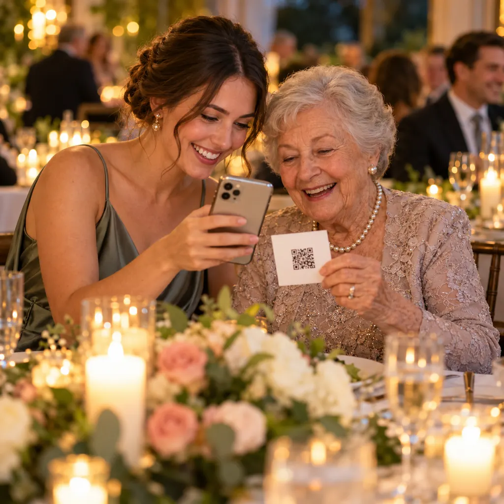 Une jeune femme aide sa grand-mère à scanner le QR code du mariage