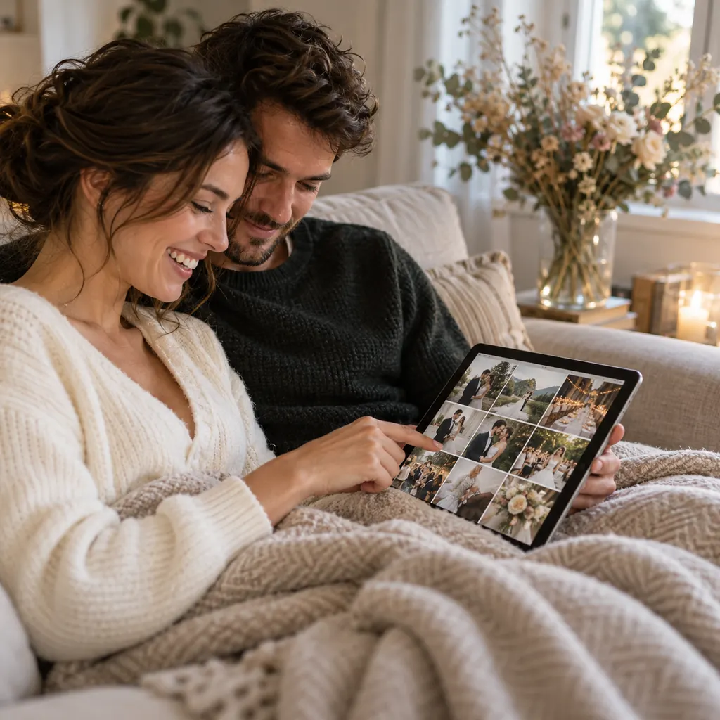 Les jeunes mariés parcourent leurs photos de mariage sur une tablette, chez eux