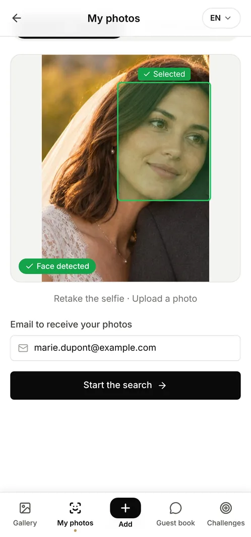 Evokly facial recognition: the guest's face is detected on the selfie