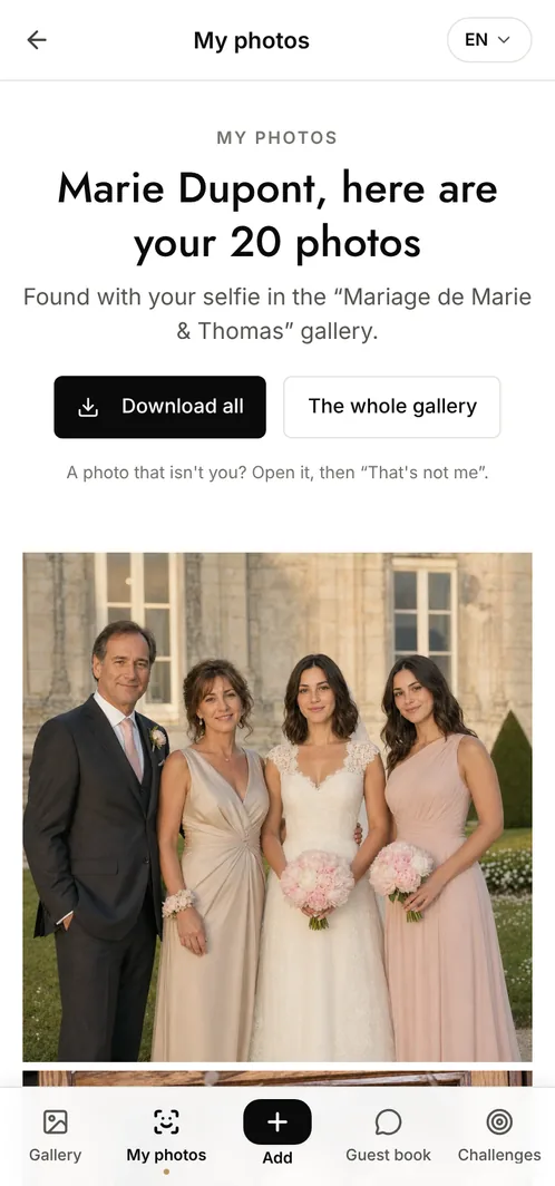 Personal Evokly gallery: every photo the guest appears in