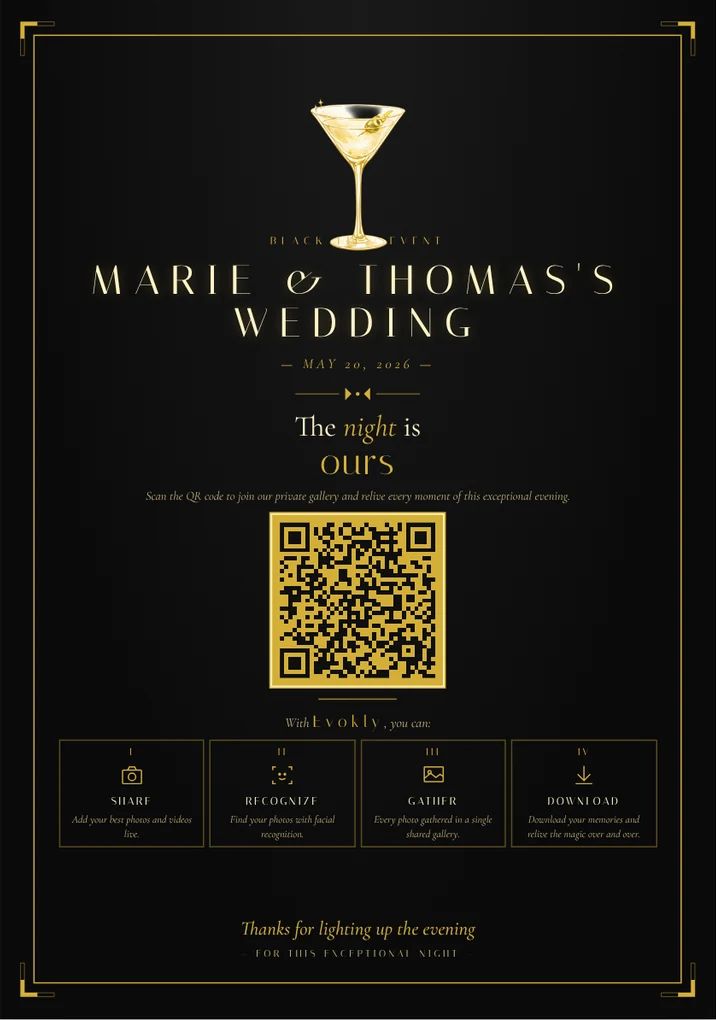 Evokly sign with a QR code standing on the event tables