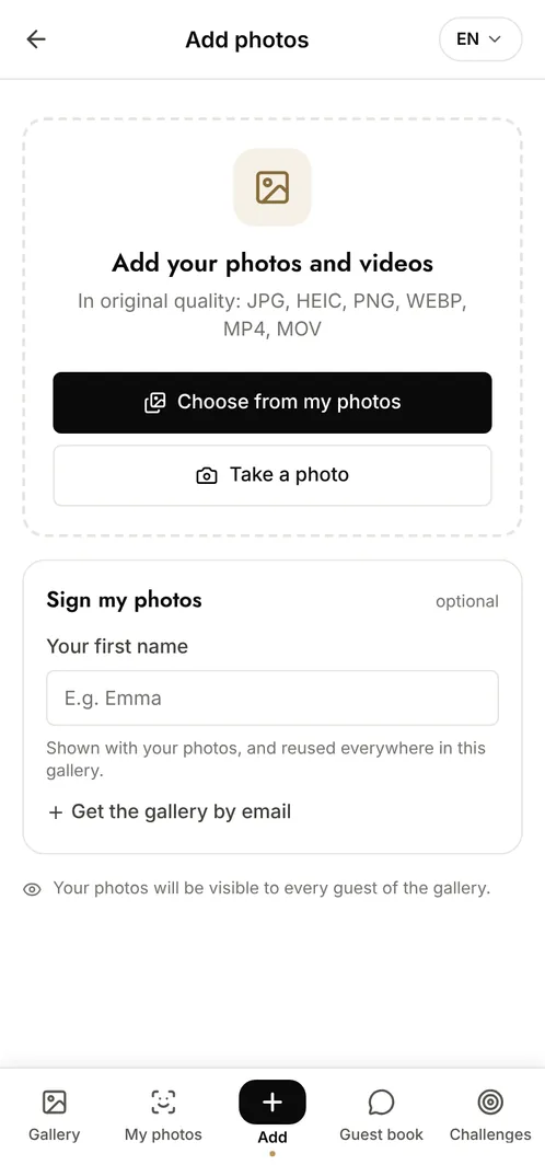 Evokly upload screen on mobile: choose from your photos or take a photo, at original quality