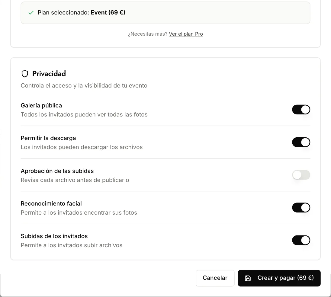 Ajustes de privacidad de un evento de Evokly