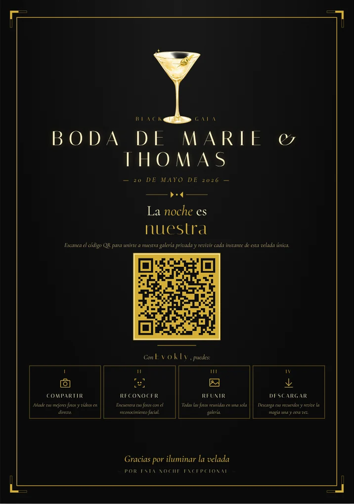 Cartel de Evokly con código QR colocado en las mesas del evento