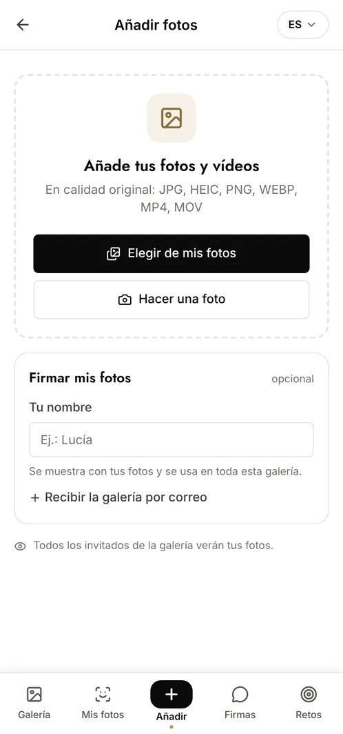 Pantalla de Evokly para añadir fotos desde el teléfono: elegir de la galería o hacer una foto, en calidad original