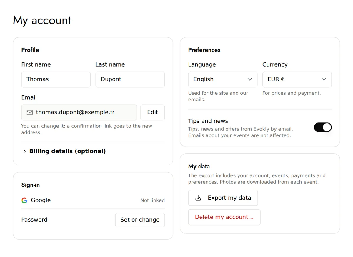 My account: profile, sign-in, preferences and my data