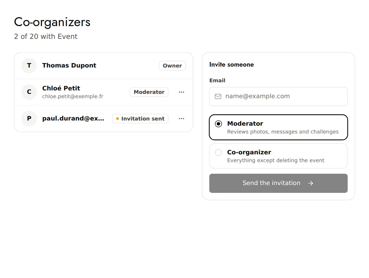 The Co-organizers page: owner, moderator, pending invitation and invitation form