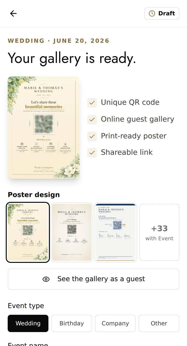 The “Your gallery is ready” page on a phone: type, date, chosen poster and what is included