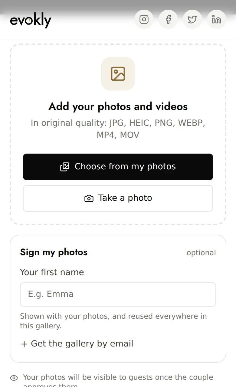 The Add tab of the gallery on a phone: choose photos, take a photo, sign with a first name