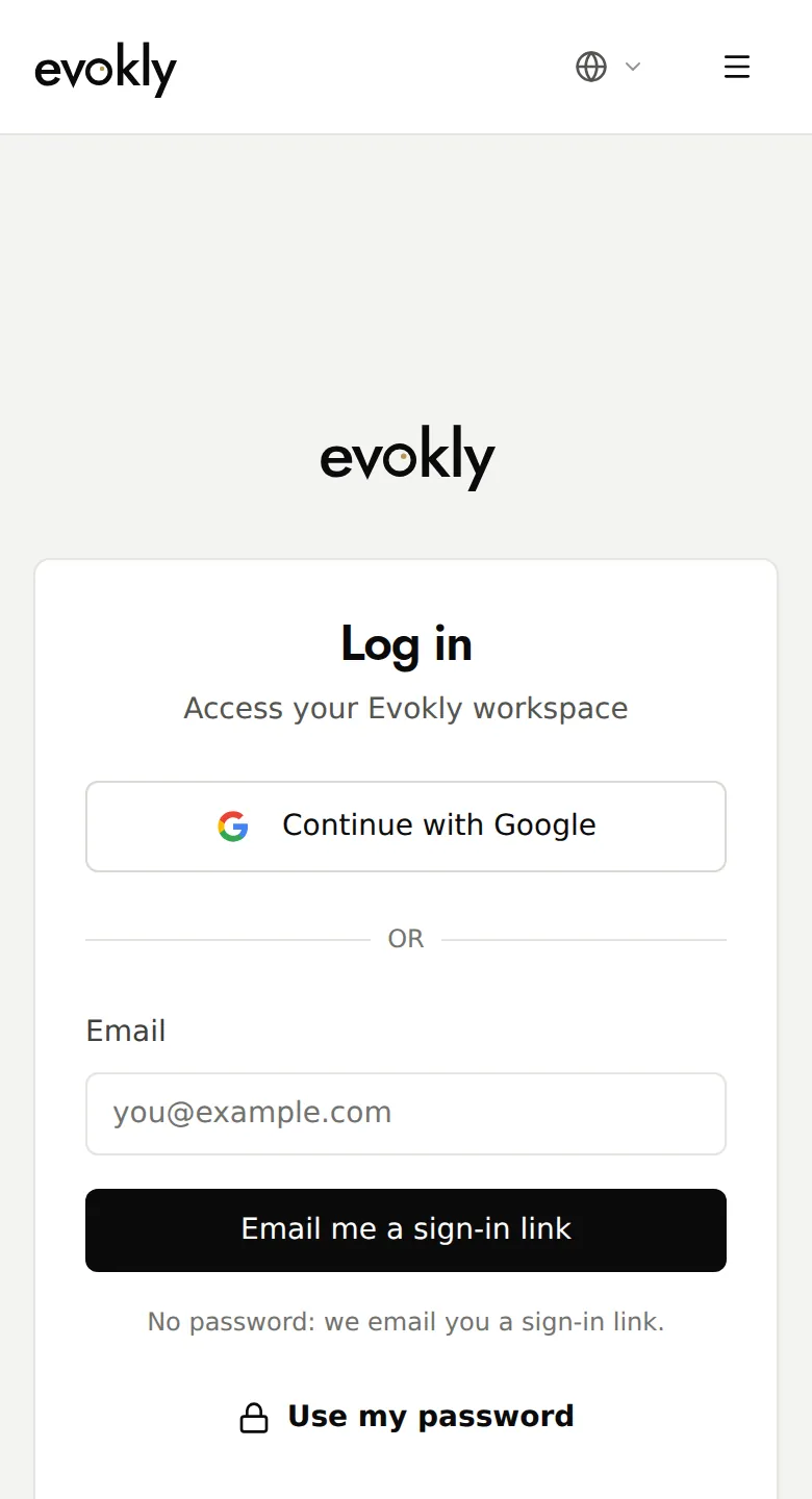 The log-in page: Continue with Google, email link and Use my password