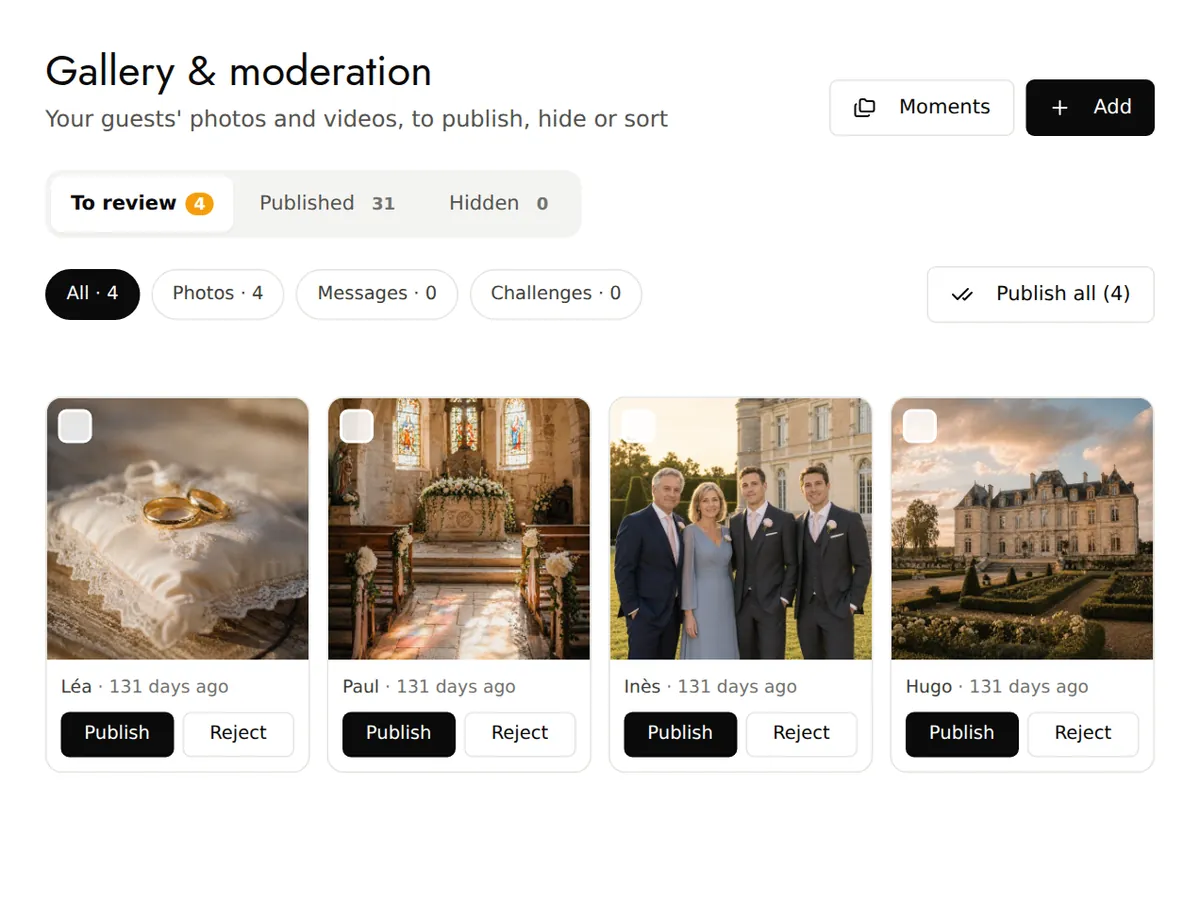 Gallery & moderation, To review tab: four photos with Publish and Reject