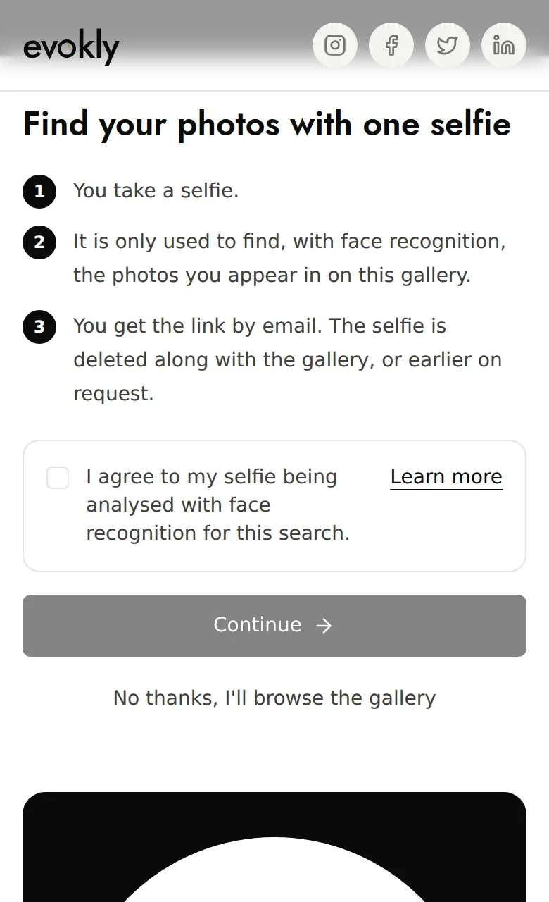The selfie search consent screen: three steps, checkbox and Continue