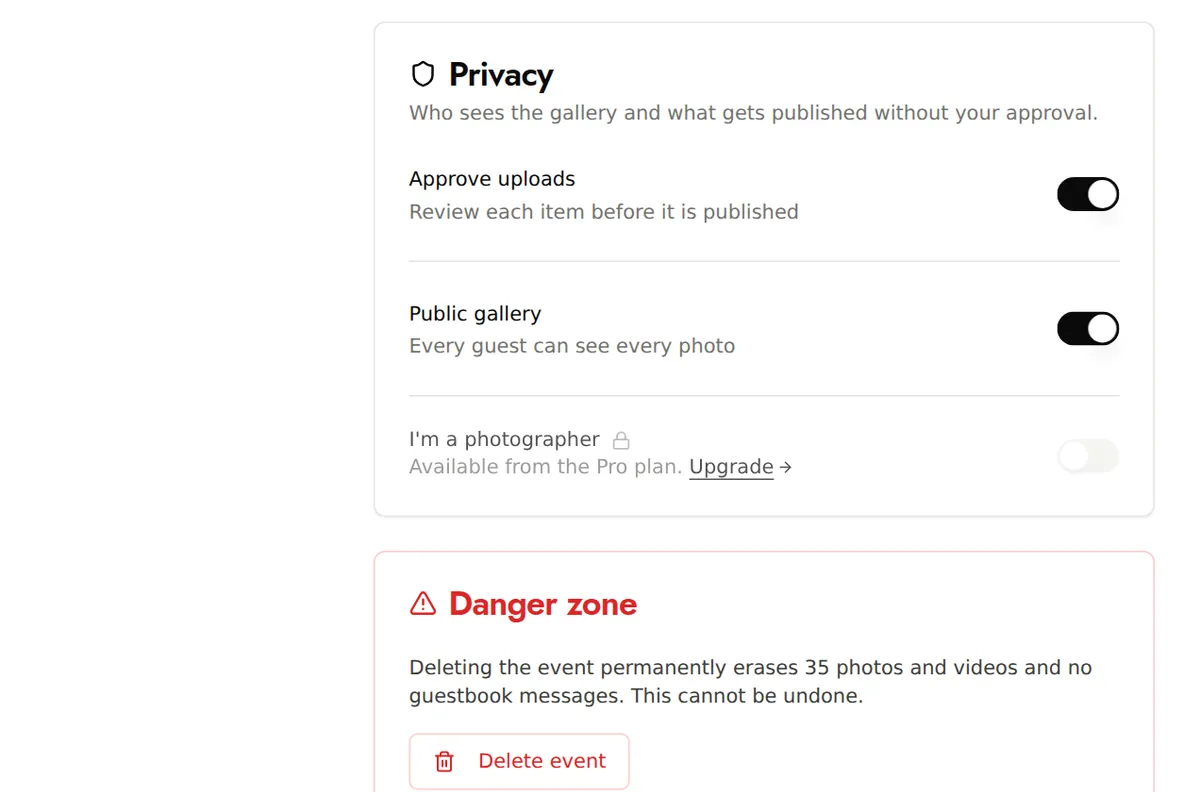The Privacy section of the settings: Approve uploads and Public gallery