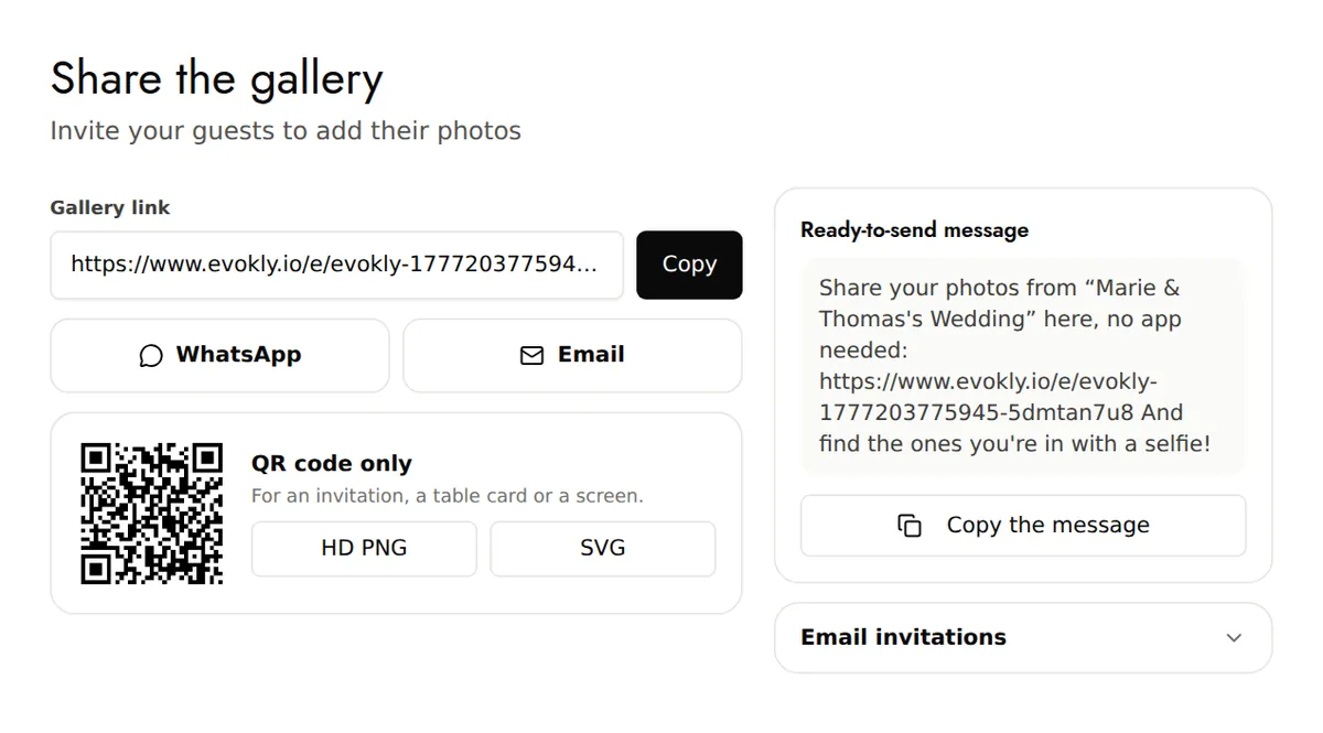 The Share page: gallery link, WhatsApp, email, QR code only and ready-to-send message