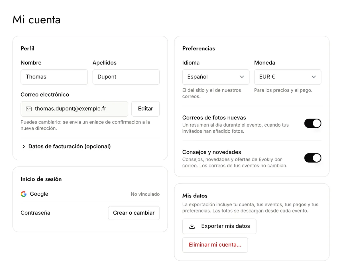 Mi cuenta: perfil, inicio de sesión, preferencias y mis datos