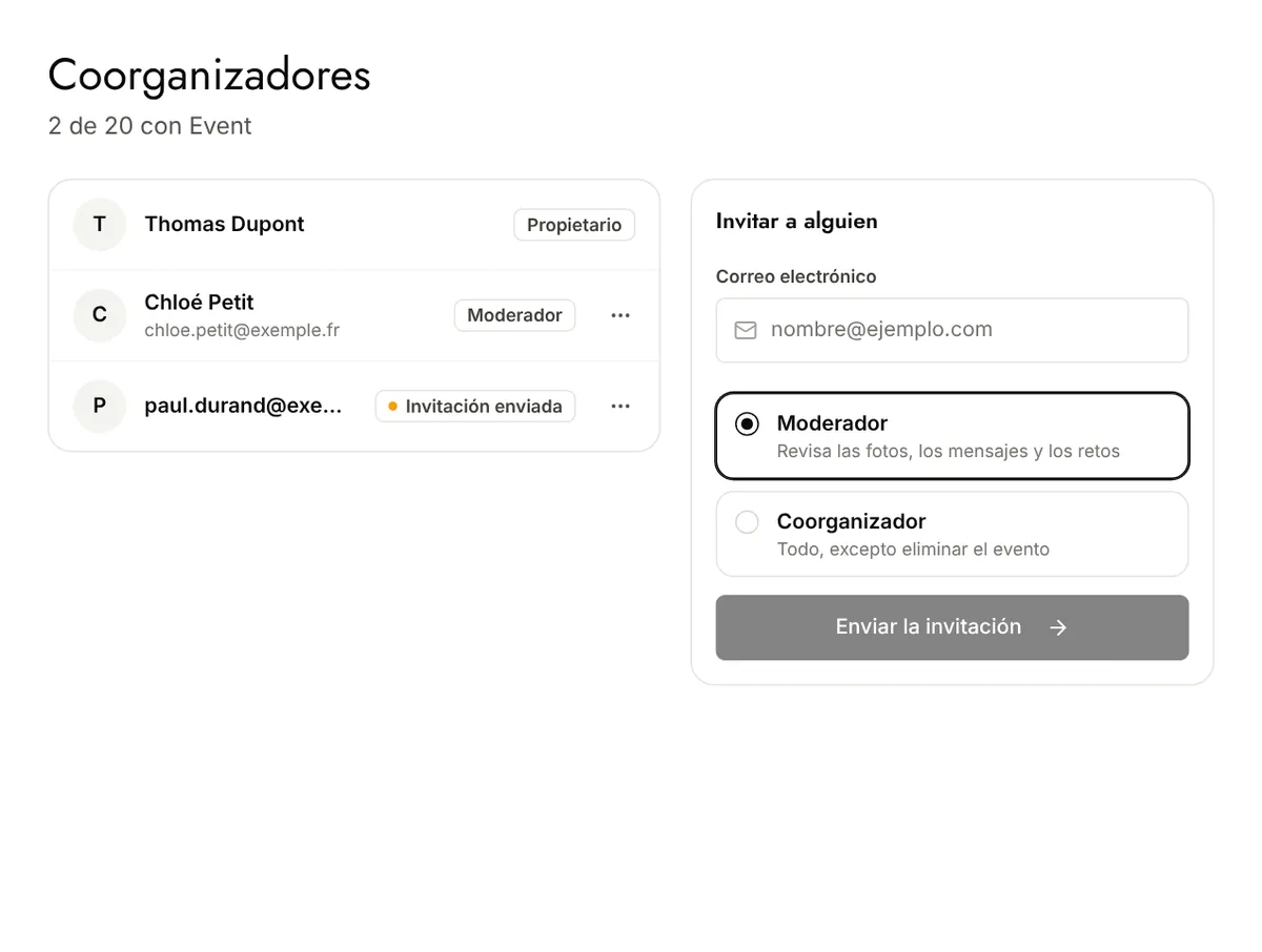 Página Coorganizadores: propietario, moderadora, invitación enviada y formulario de invitación
