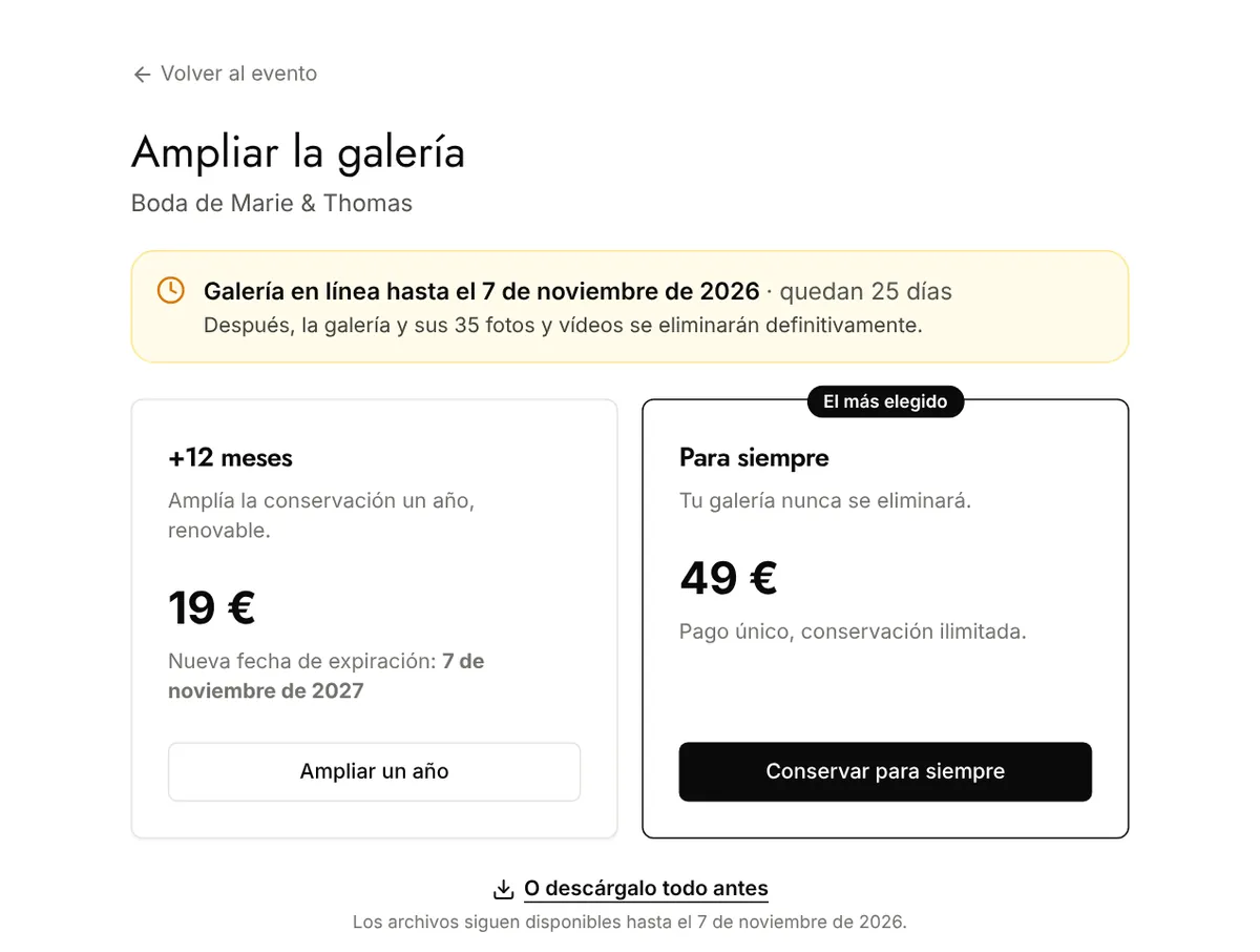 Página Ampliar la galería: +12 meses o Para siempre, con la fecha de expiración actual