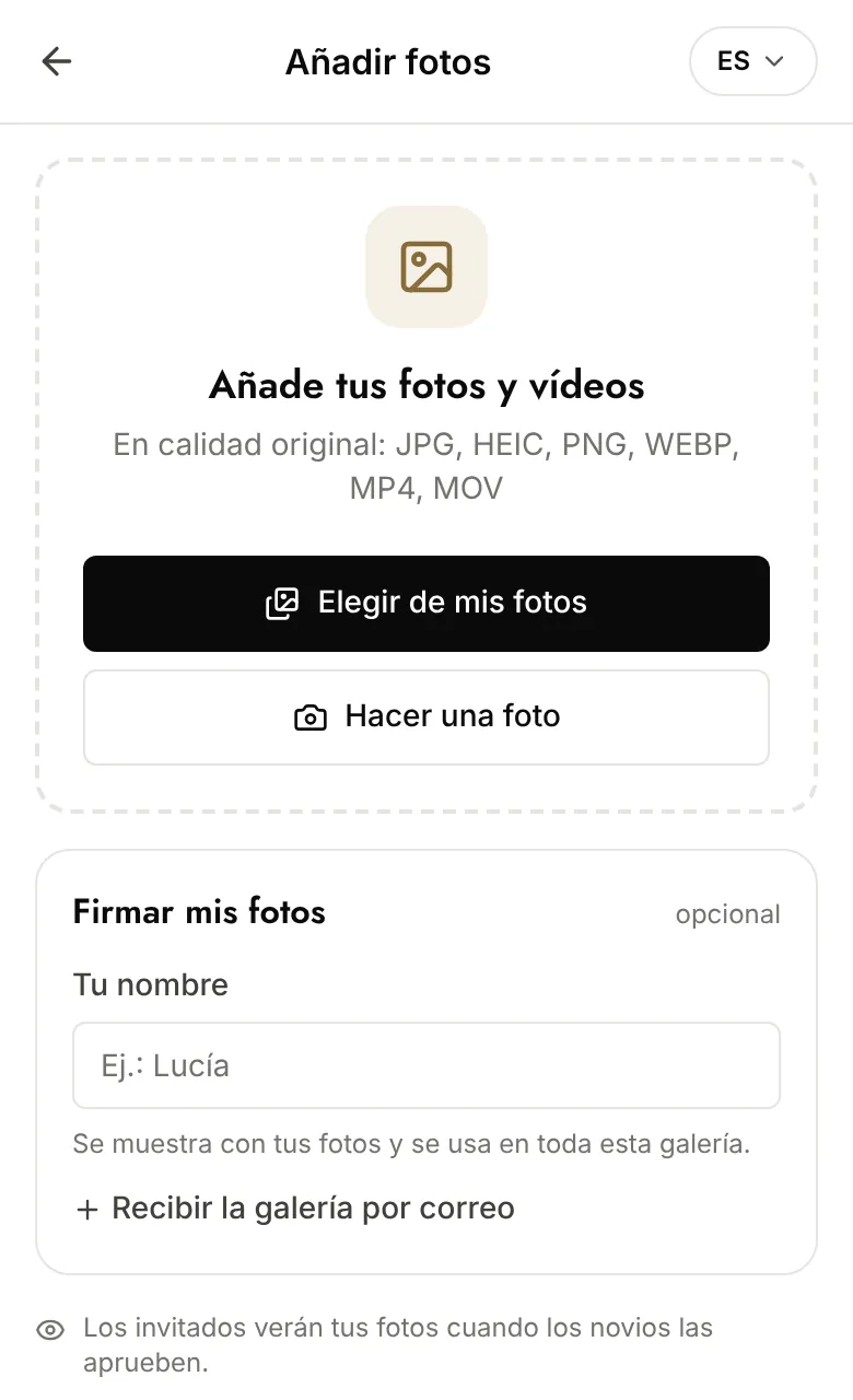Pestaña Añadir de la galería en el teléfono: elegir fotos, hacer una foto, firmar con el nombre