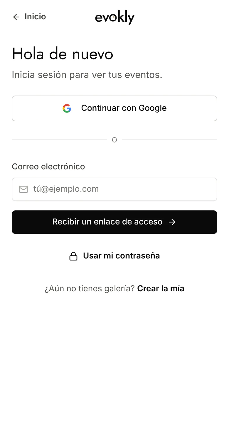Página de inicio de sesión: Continuar con Google, enlace por correo y Usar mi contraseña