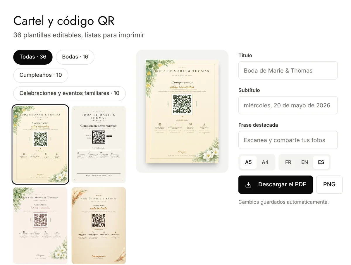Página Cartel y código QR: plantillas de cartel, vista previa, textos editables y Descargar el PDF
