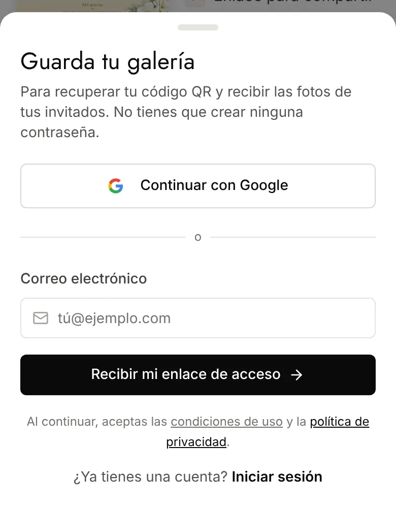Ventana «Guarda tu galería» en el teléfono: Continuar con Google, o dirección de correo y botón Recibir mi enlace de acceso