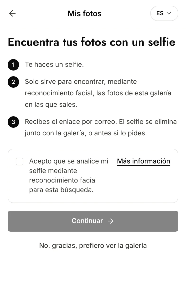 Pantalla de consentimiento de la búsqueda por selfie: tres pasos, casilla y Continuar