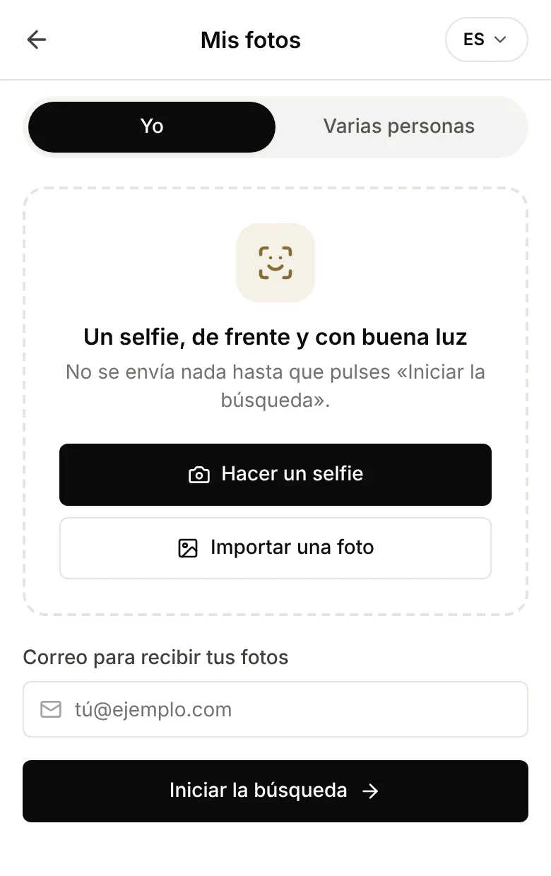 Pantalla del selfie: Yo o Varias personas, Hacer un selfie, correo e Iniciar la búsqueda