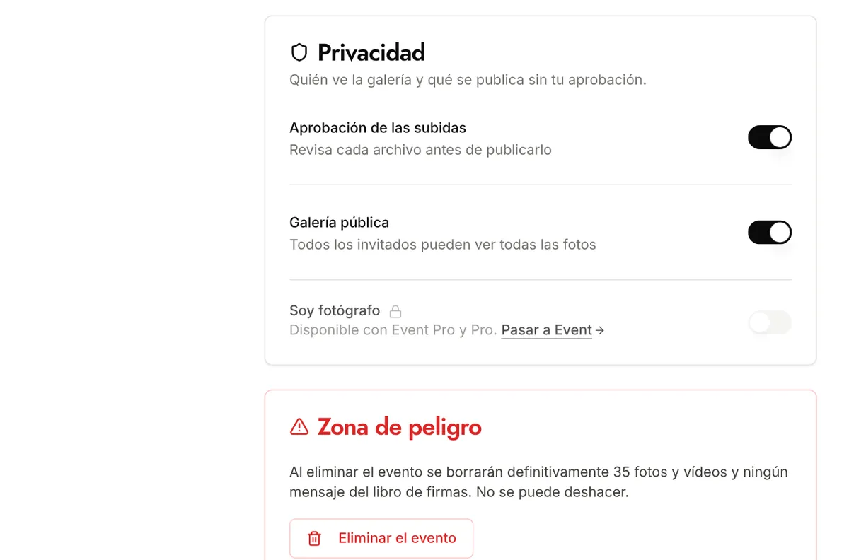 Sección Privacidad de los ajustes: Aprobación de las subidas y Galería pública