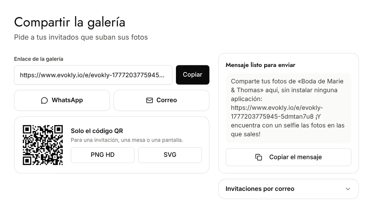 Página Compartir: enlace de la galería, WhatsApp, correo, Solo el código QR y mensaje listo para enviar