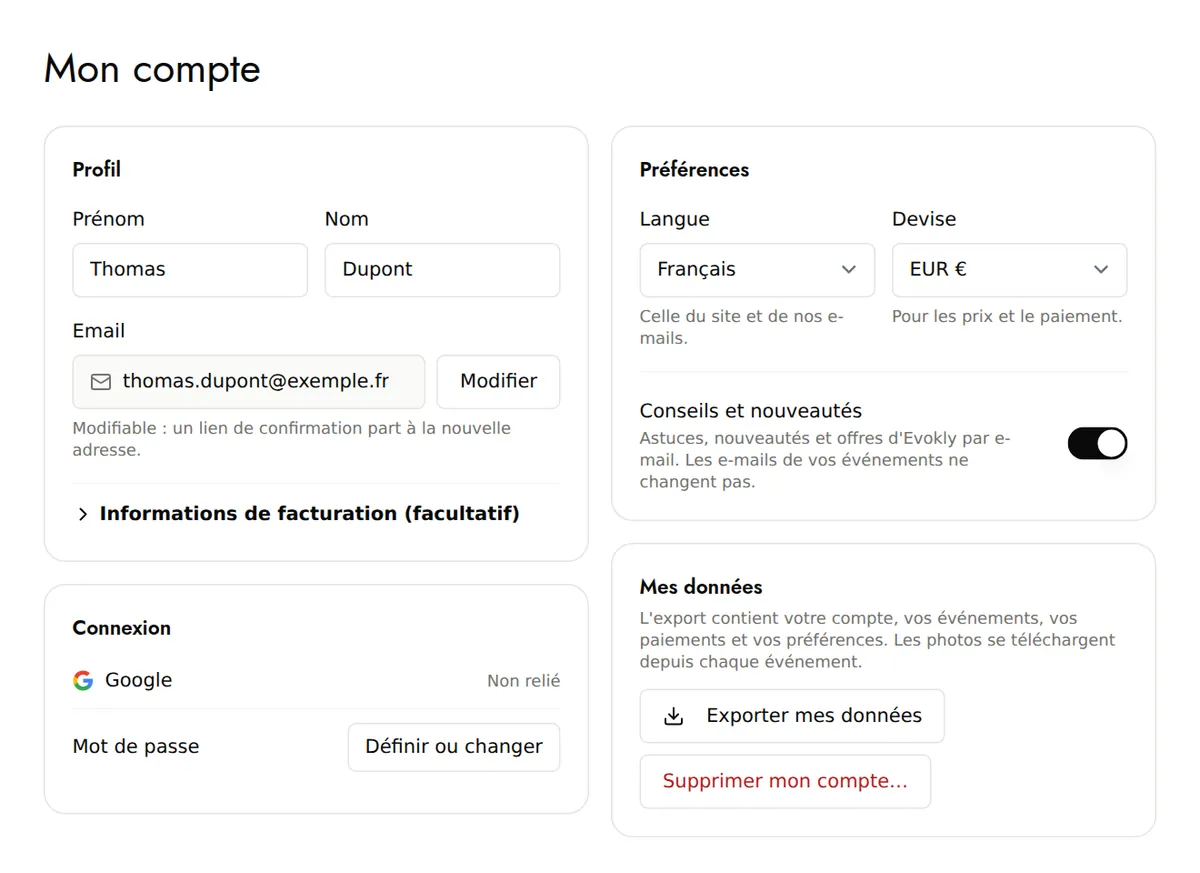 Mon compte : profil, connexion, préférences et mes données