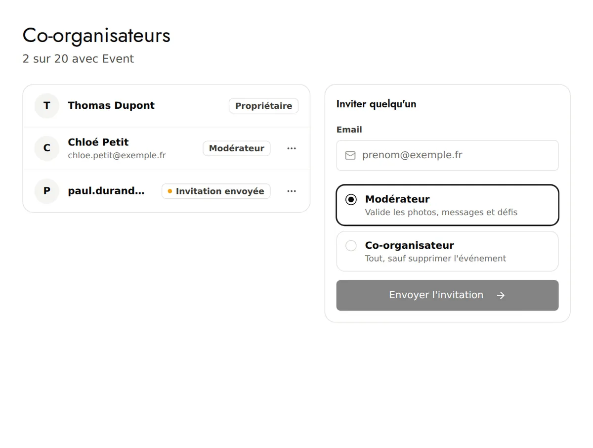 Page Co-organisateurs : propriétaire, modératrice, invitation en attente et formulaire d'invitation