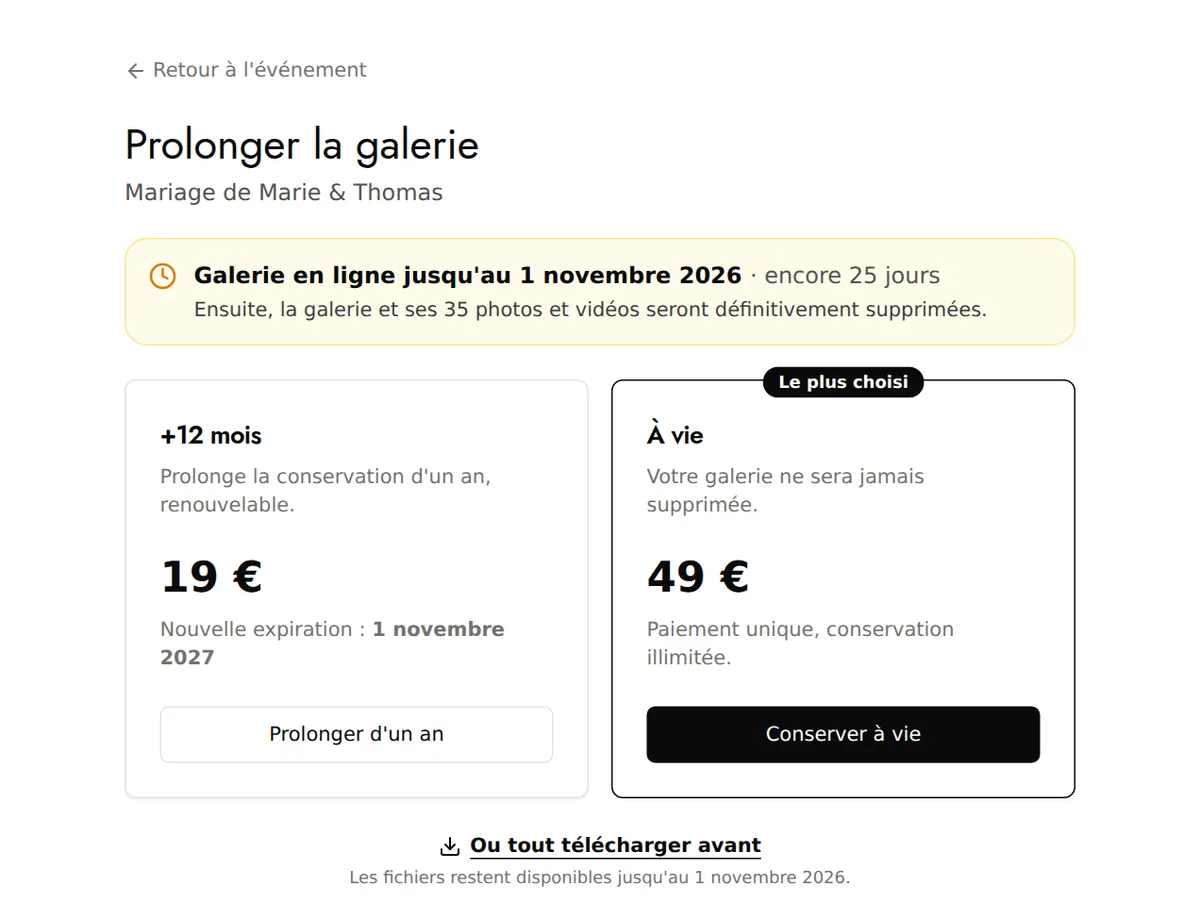 Page Prolonger la galerie : +12 mois ou À vie, avec la date d'expiration actuelle