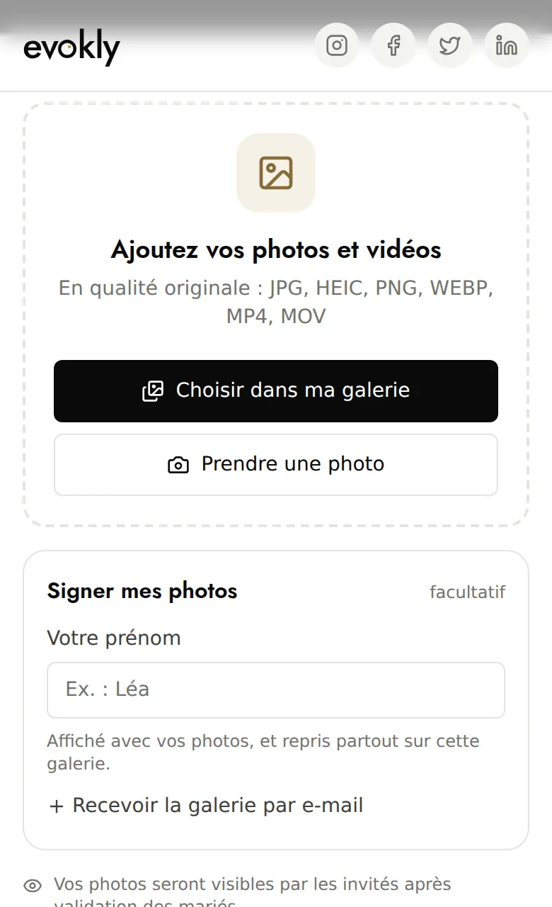 Onglet Ajouter de la galerie sur téléphone : choisir ses photos, prendre une photo, signer avec son prénom