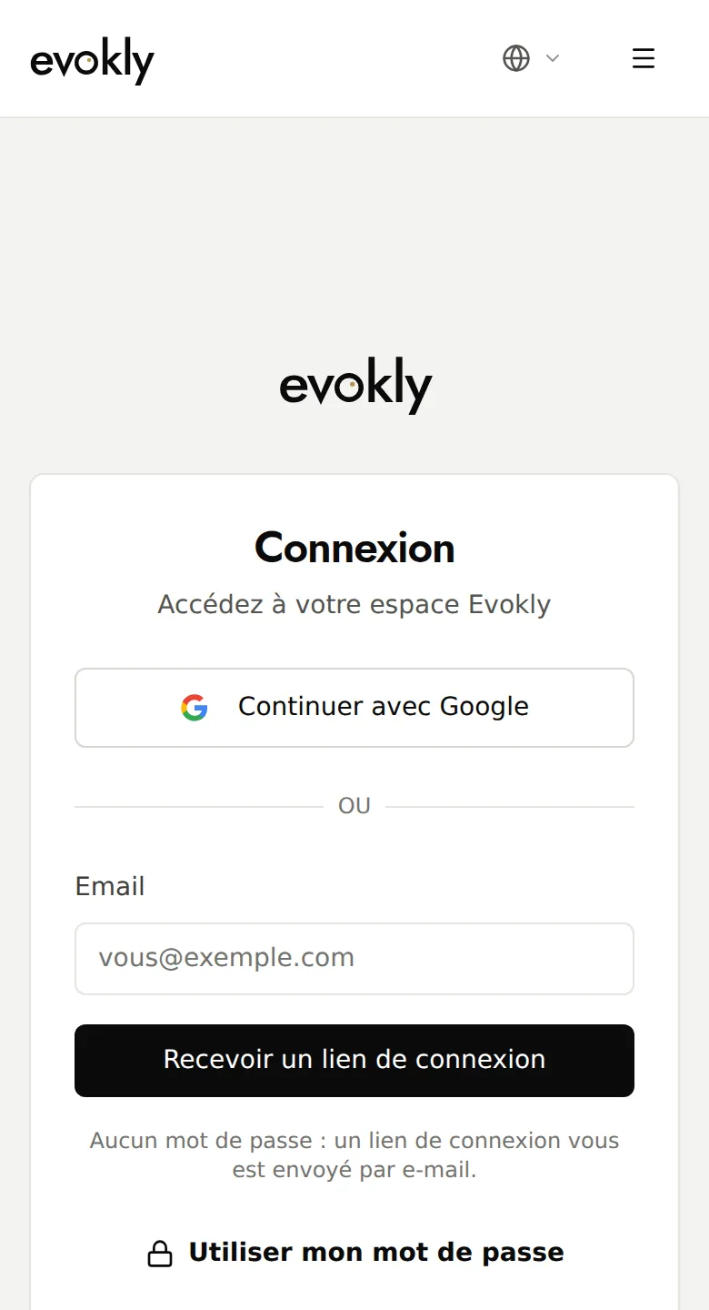 Page de connexion : Continuer avec Google, lien par e-mail et Utiliser mon mot de passe
