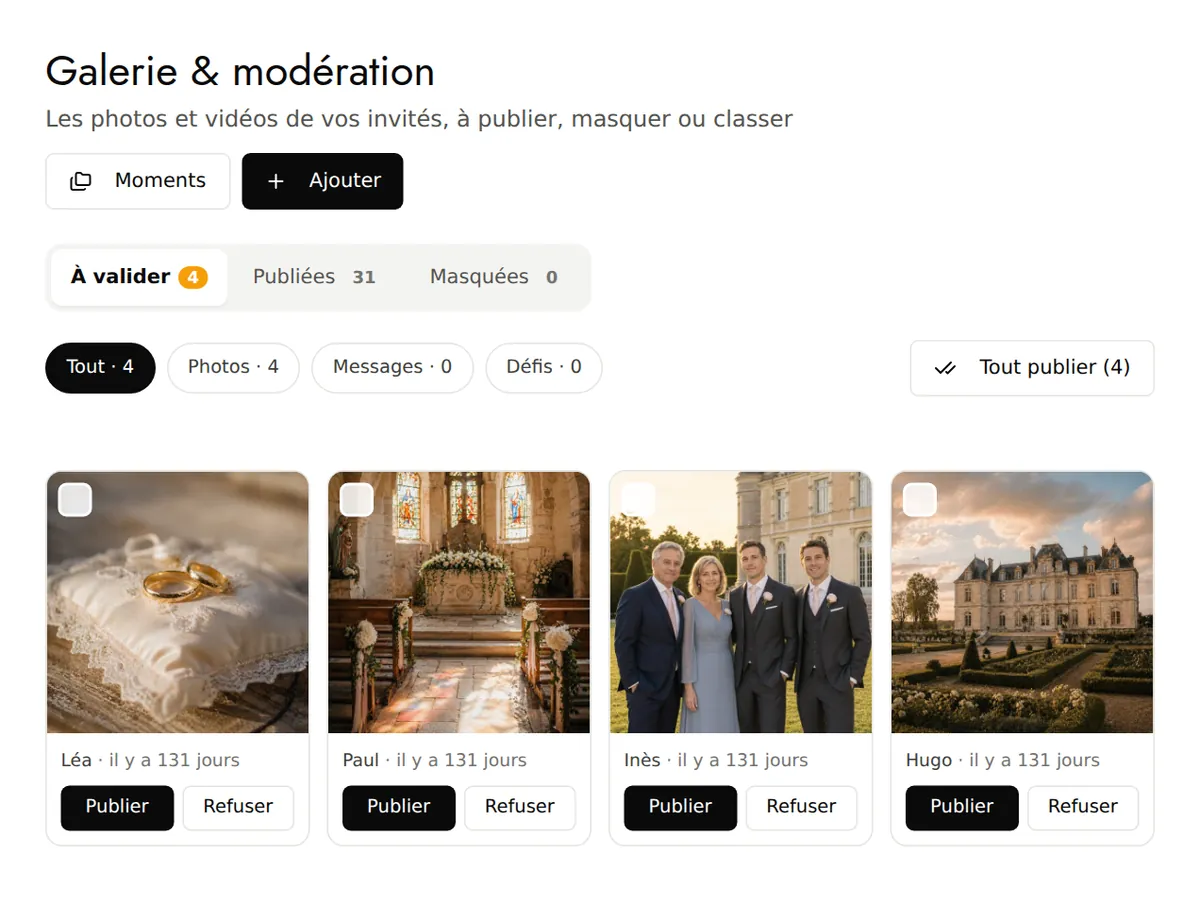 Galerie & modération, onglet À valider : quatre photos avec Publier et Refuser